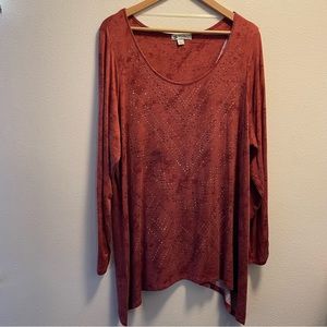 Unity World Wear Cognac Assimetrical Shiny Long Sleeve Tunic Blouse Size 3X